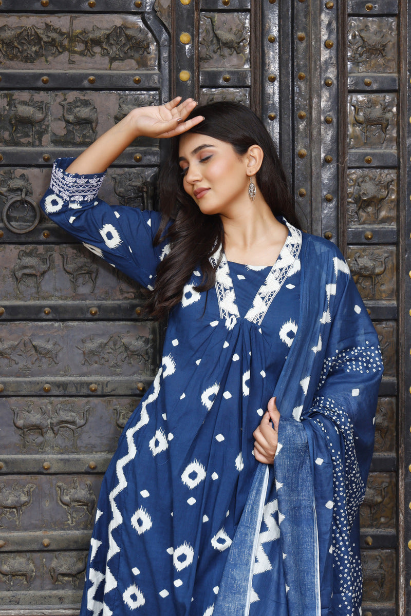 Festive Wear Jaipuri Cotton Suit Set for Women – Kurta, Pant & Dupatta- House Of The Handblock