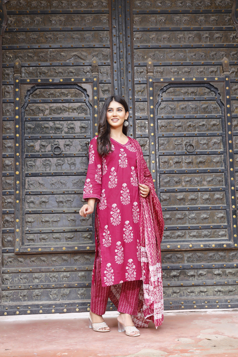 Festive Wear Jaipuri Cotton Suit Set for Women – Kurta, Pant & Dupatta- House Of The Handblock