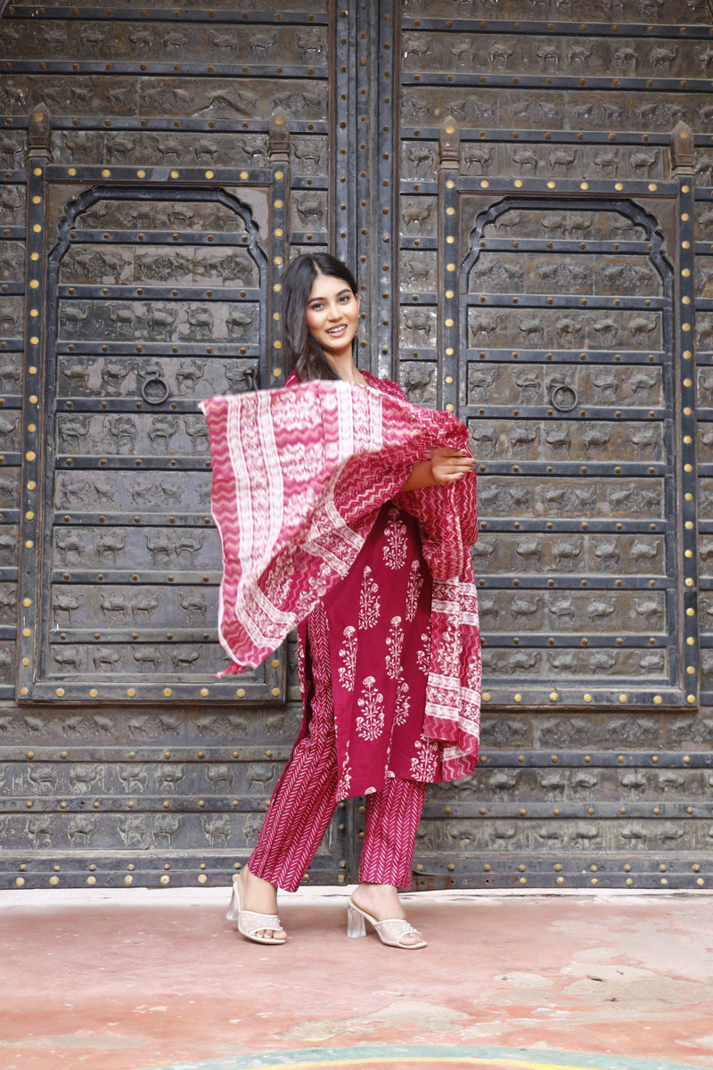 Festive Wear Jaipuri Cotton Suit Set for Women – Kurta, Pant & Dupatta- House Of The Handblock