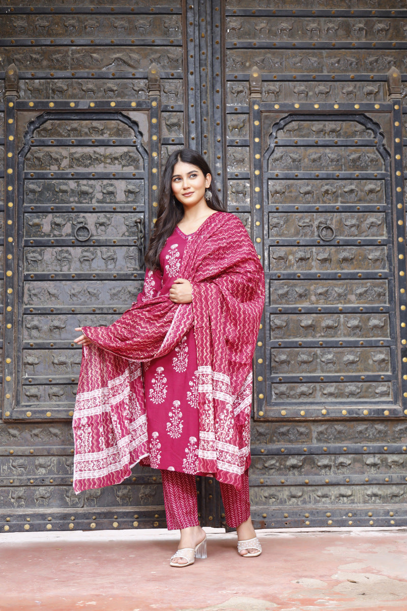 Festive Wear Jaipuri Cotton Suit Set for Women – Kurta, Pant & Dupatta- House Of The Handblock