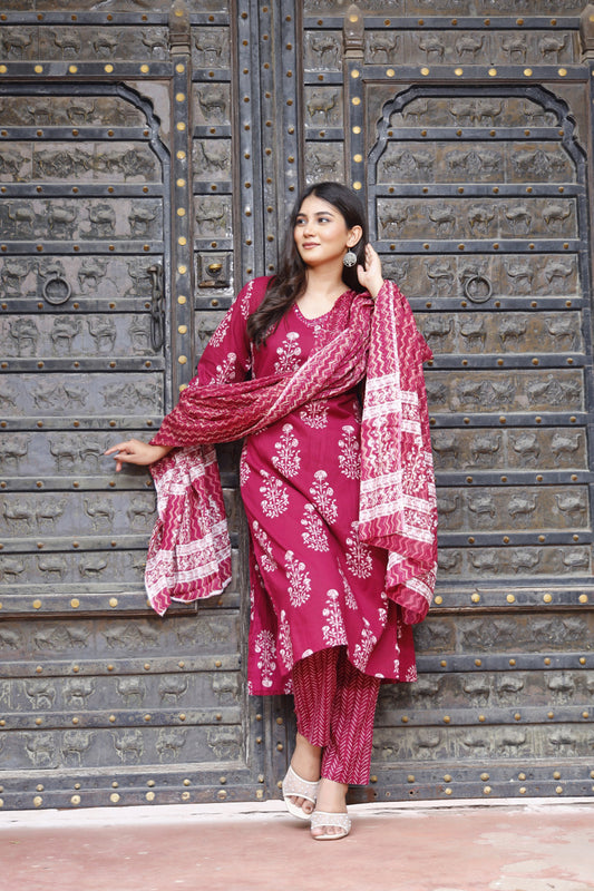 Festive Wear Jaipuri Cotton Suit Set for Women – Kurta, Pant & Dupatta- House Of The Handblock