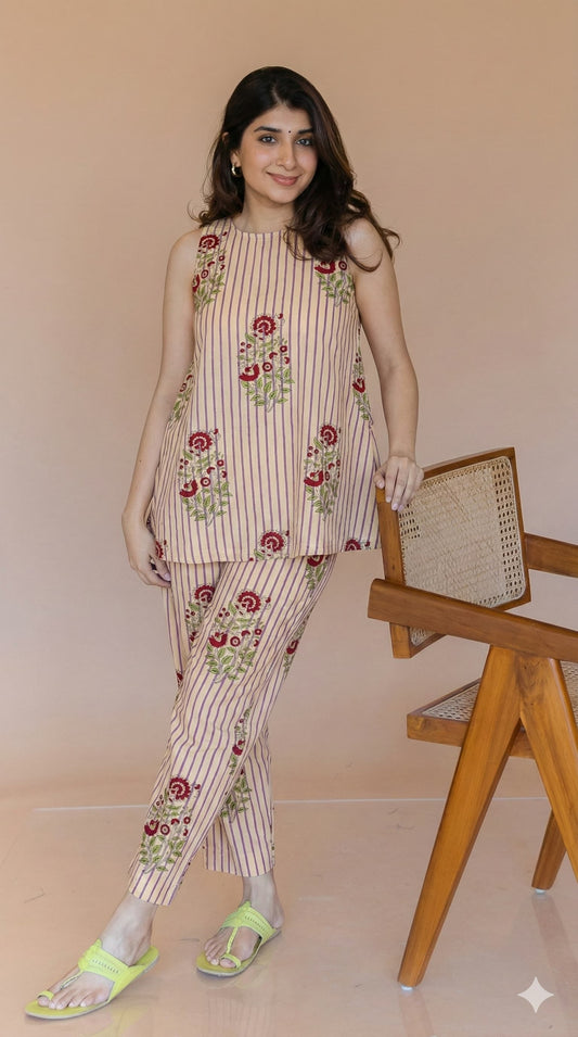 Jaipuri Natural Dye Handblock Printed Cotton A-Line Top with Bottom Co-Ord Set – Sizes Up to 6XL | House of the Handblock