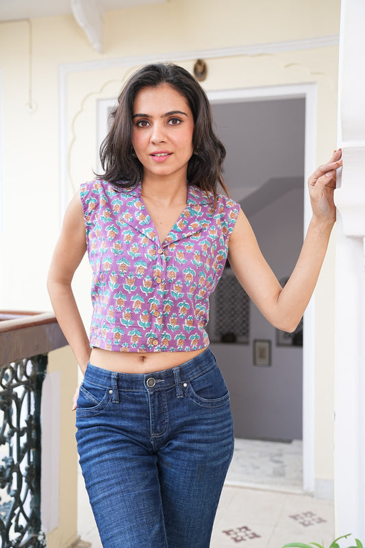 Women's Handblock Crop Top Stitched Blouse – Pure Cotton, Naturally Dyed