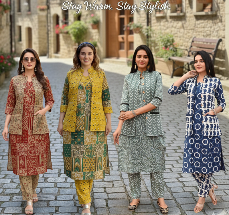 Four women in winter clothing standing on a cobblestone street with a stone building in the background.