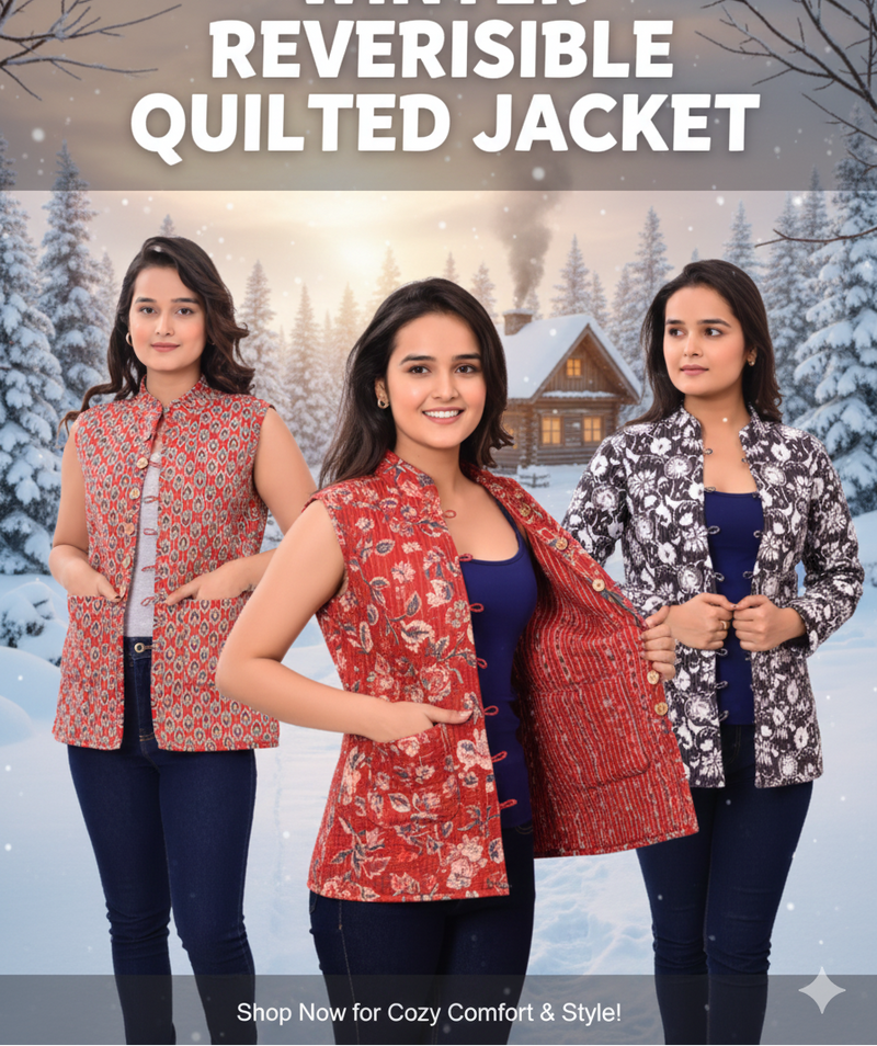 Three women wearing reversible quilted jackets with a snowy landscape background.