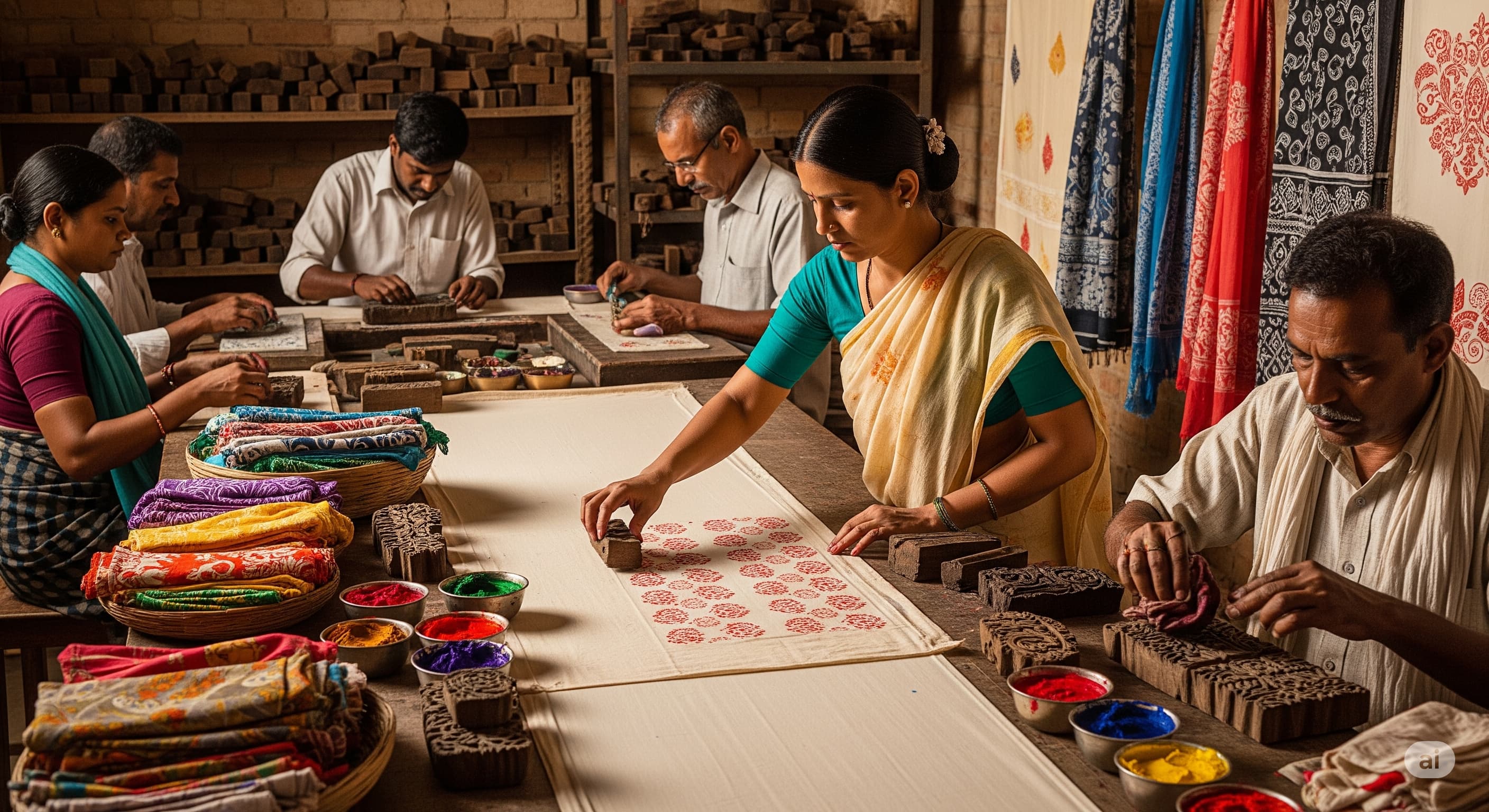 Artisans working with fabric and dyes in a traditional setting . handblock printed jaipur
