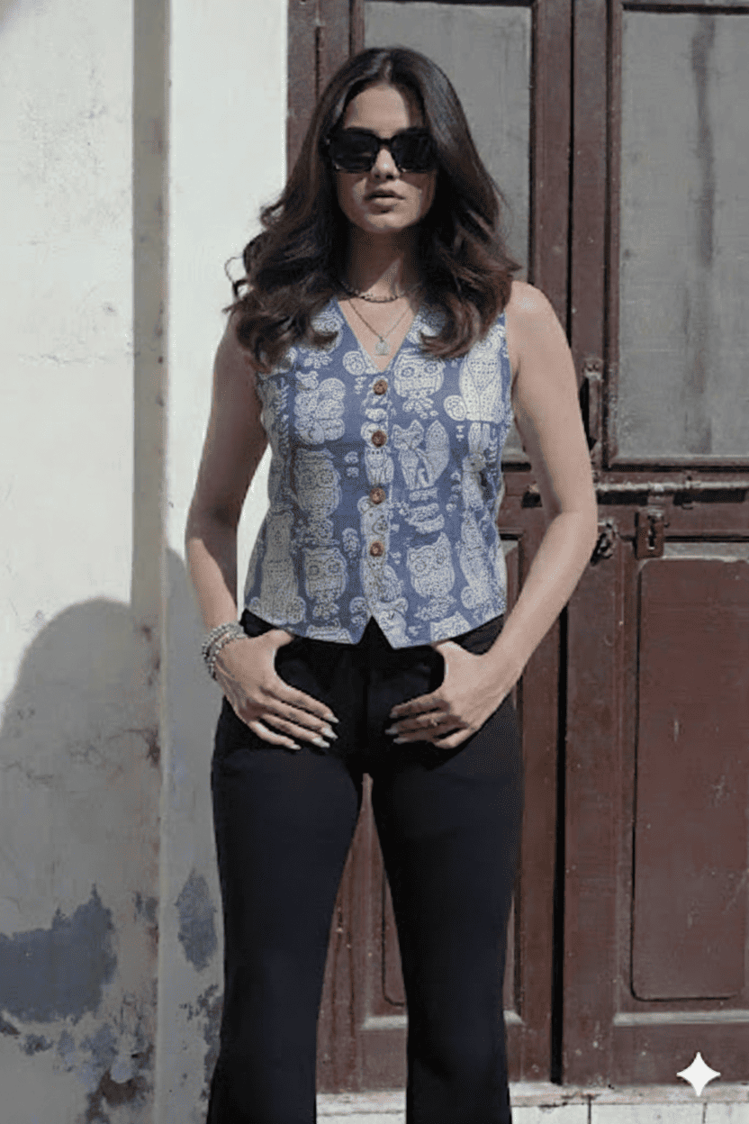 Handblock Printed Women’s Corset Waistcoat Vest – Sleeveless V-Neck Short Top | Perfect Fit | House of the Handblock