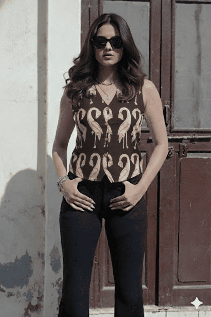 Handblock Printed Women’s Corset Waistcoat Vest – Sleeveless V-Neck Short Top | Perfect Fit | House of the Handblock